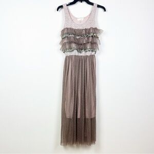 A'Reve Blush Taupe Tulle Ruffle Midi Dress Size S